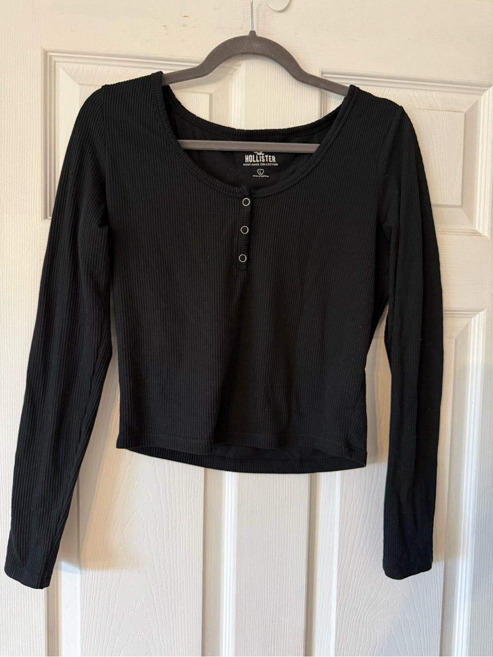 Hollister Black Ribbed Scoop-Neck Henley Long Sleeve Top
